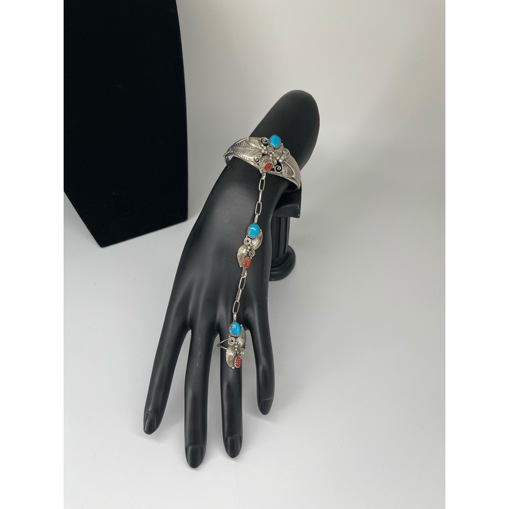 Vintage Sterling Silver Turquoise Coral Hand Chain Ring Bracelet NN Genuine‎